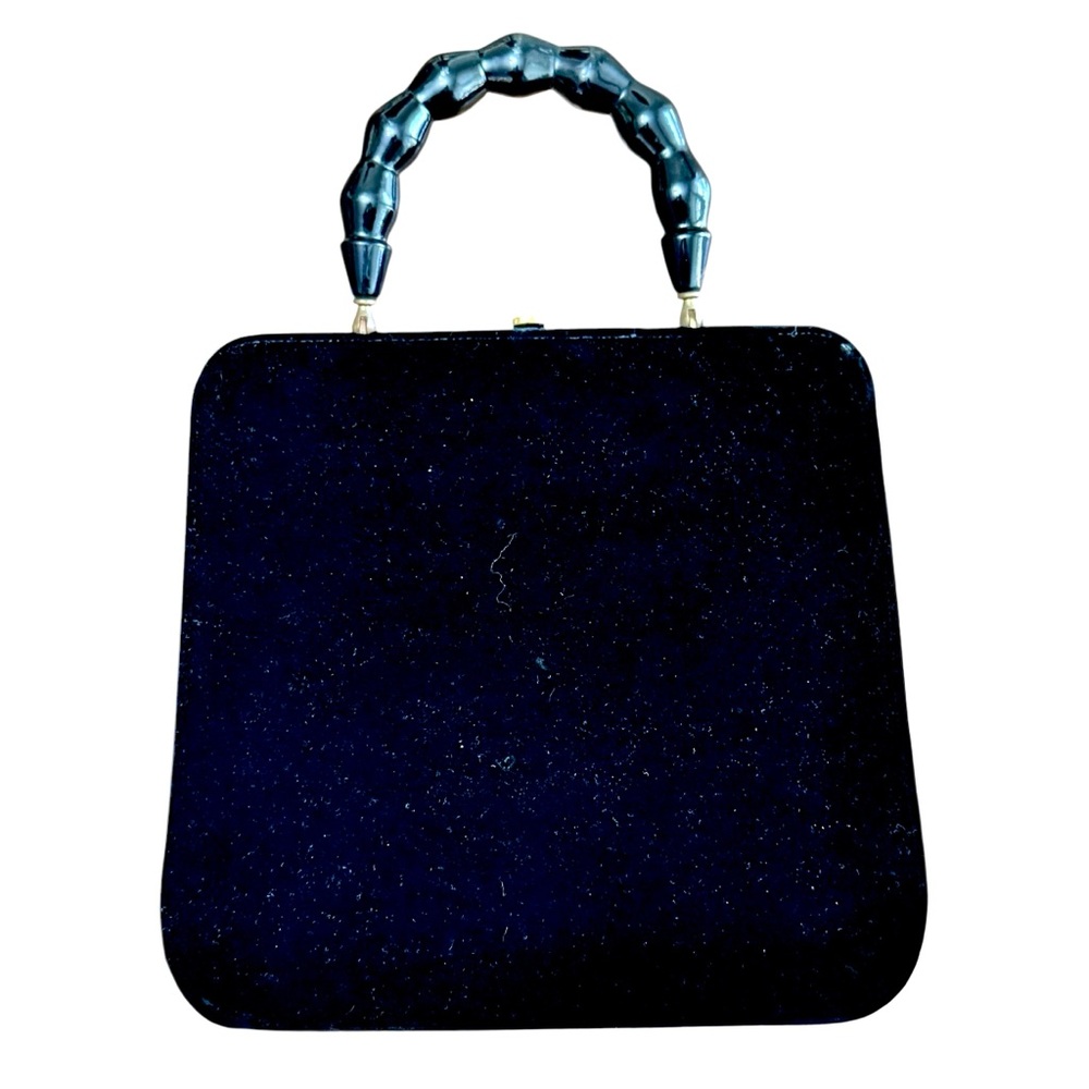 Vintage Black Velvet LW frame handbag with decorative carved plastic handle